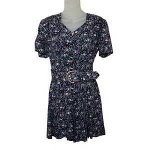 Vintage 90s Caroline Wells Belted Floral Romper Shorts Dress Button Up  Grunge 6